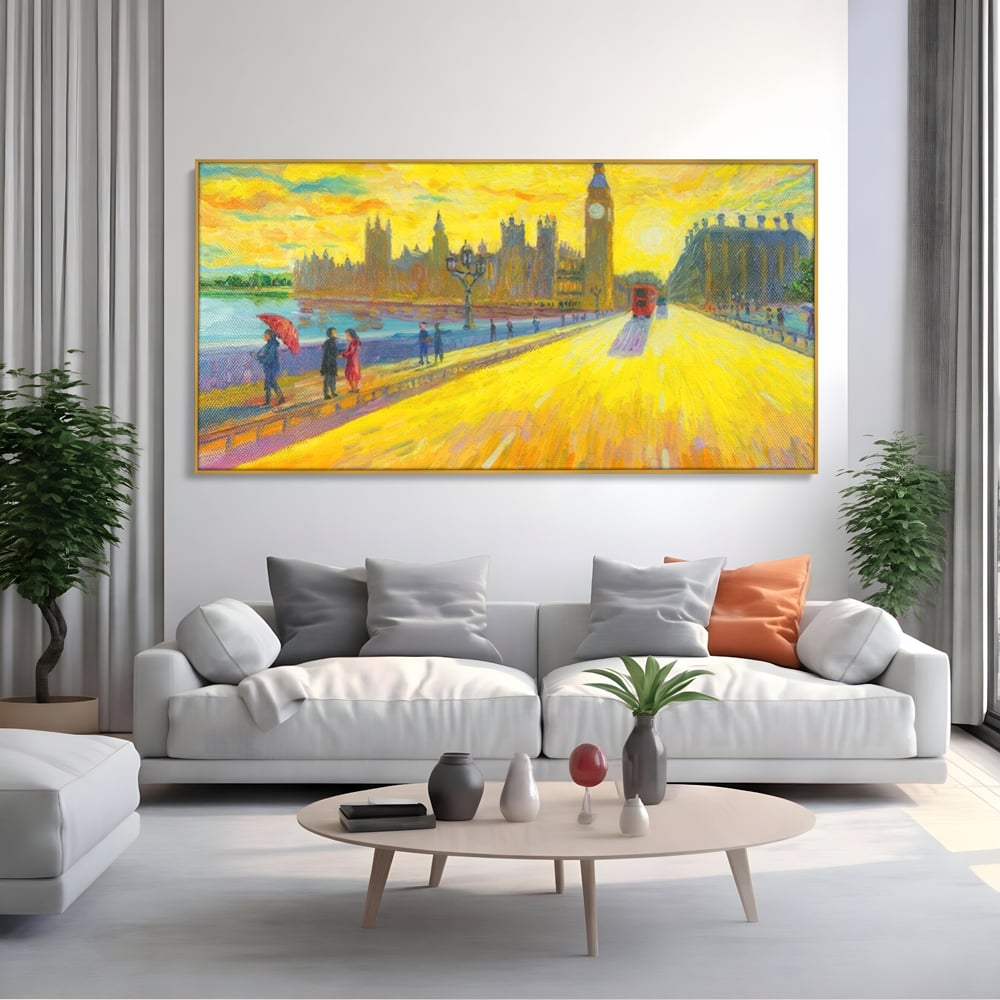 Tablou canvas cu tablou canvas cu londra si big ben, in rama de aluminiu auriu, pe perete intr-un living